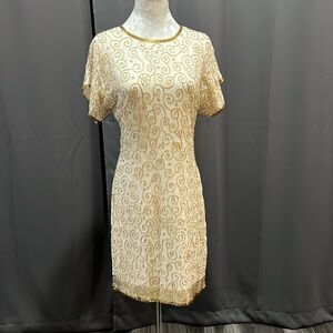 Dennis Elle Beige and Gold Silk Beaded Dress Size PS (4)